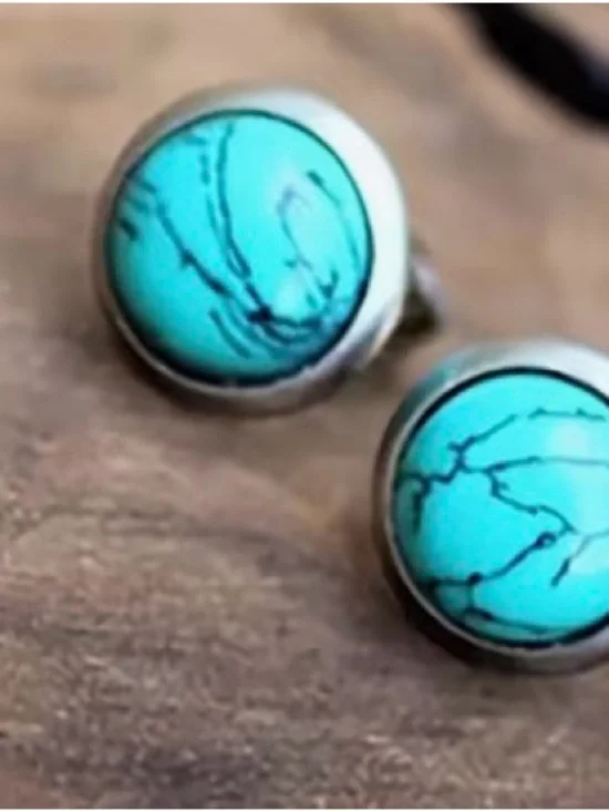 Sterling Silver Turquoise Stone Stud Earrings - Picture 2 of 4